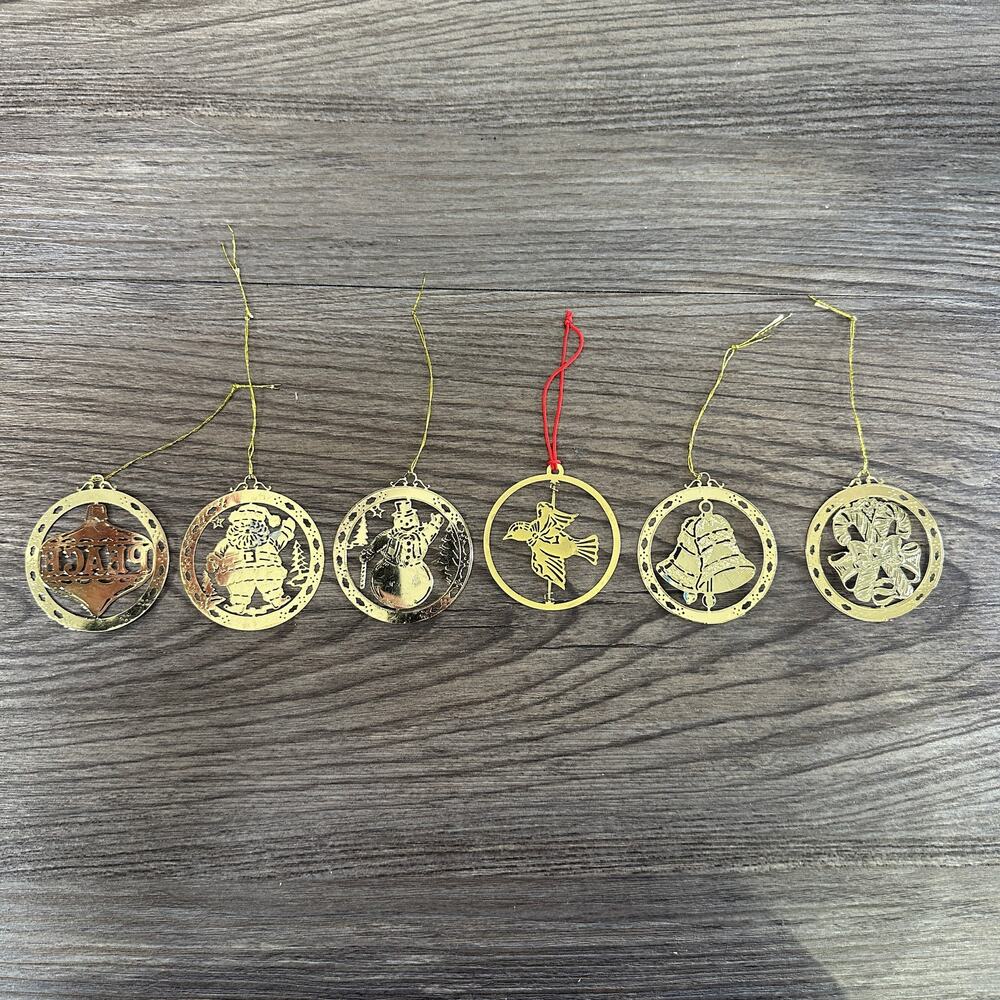 Set of 6 Gold Finish Brass Christmas Ornaments 3D Christmas Tree Hanging Decor